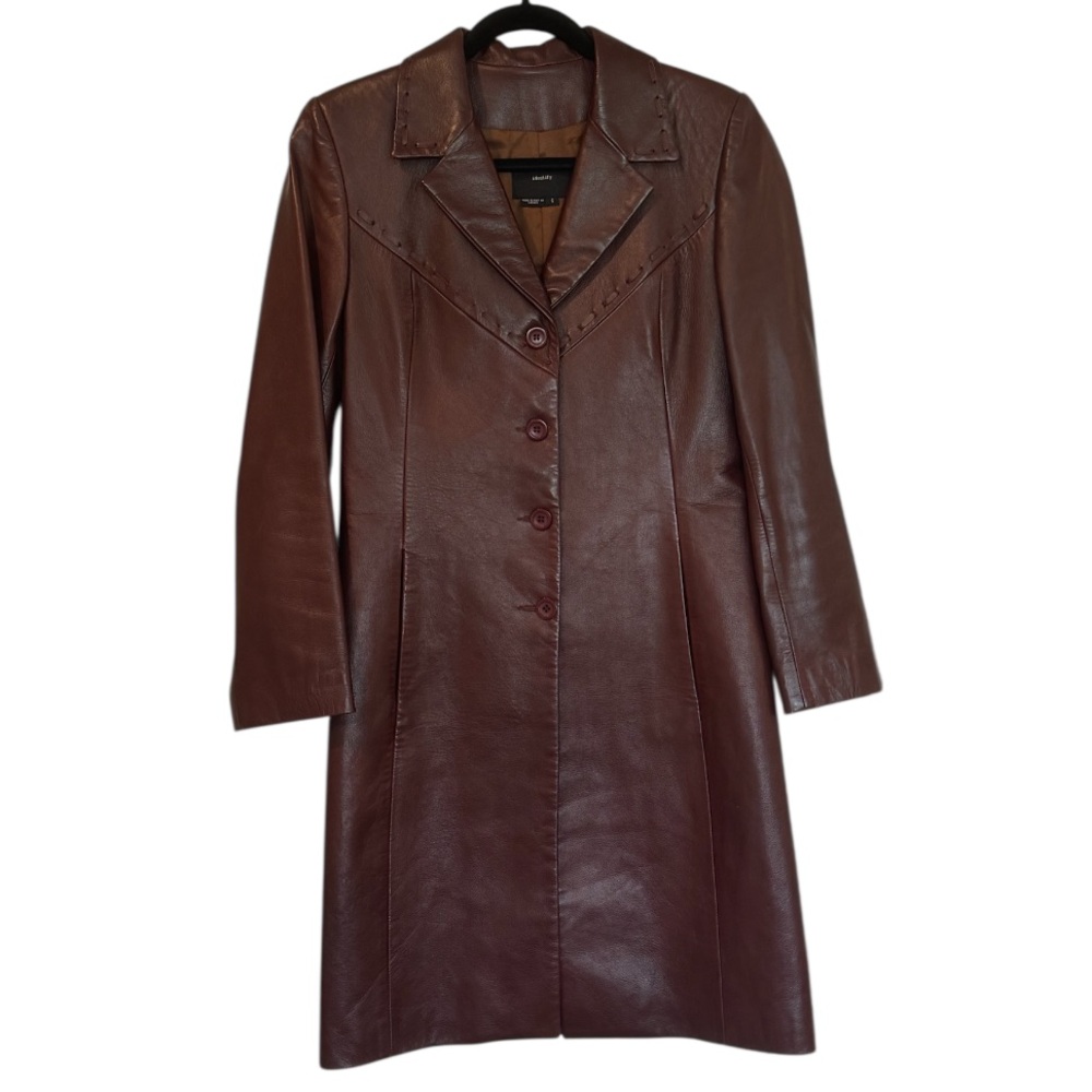 Vintage 90s Brown Leather Car Coat Whipstitch Western A-Line Size 6